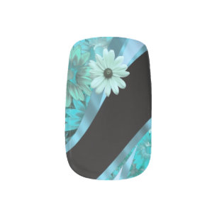 Teal aqua floral pattern minx nail art