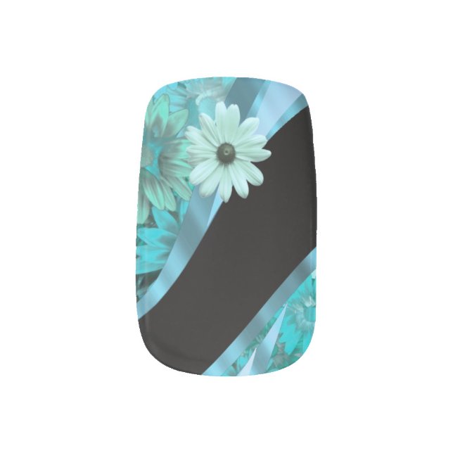 Teal aqua  floral pattern minx nail art (Right Thumb)