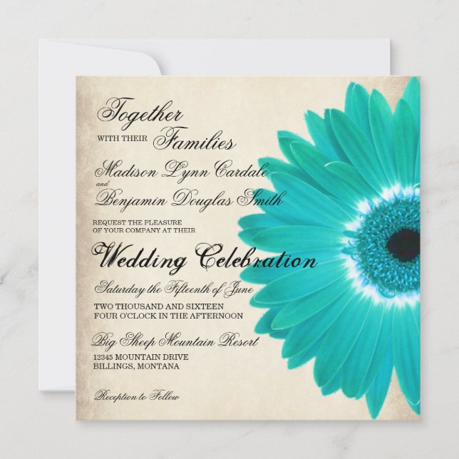 Teal Aqua Gerber Daisy Rustic Wedding Invitations (Front)