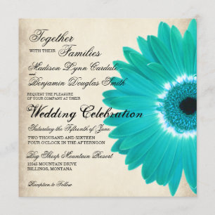 Teal Aqua Gerber Daisy Rustic Wedding Invitations