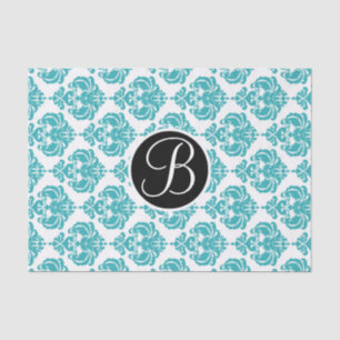 Teal Aqua Glam Damask Monogram Letter Initial Tissue Paper