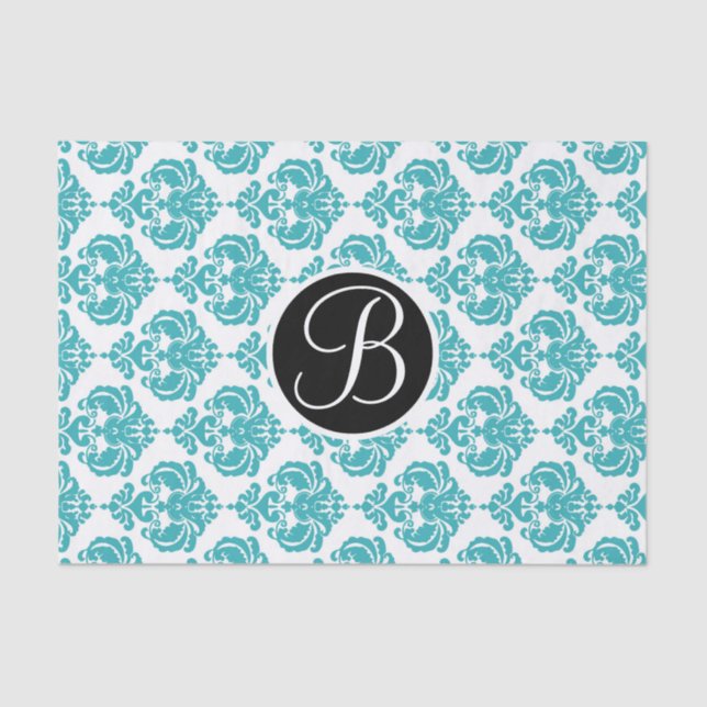 Teal Aqua Glam Damask Monogram Letter Initial Tissue Paper (Front)