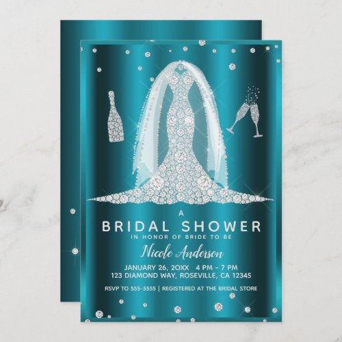 Teal Aqua Glam Diamond Wedding Dress Bridal Shower Invitation