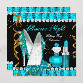 Teal aqua Glamour Night Gold Black Invitation