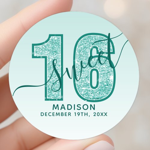 Teal Aqua Glitter Script Sweet 16 Birthday Classic Round Sticker