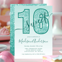 Teal Aqua Glitter Script Sweet 16 Birthday Party
