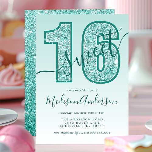 Teal Aqua Glitter Script Sweet 16 Birthday Party Invitation