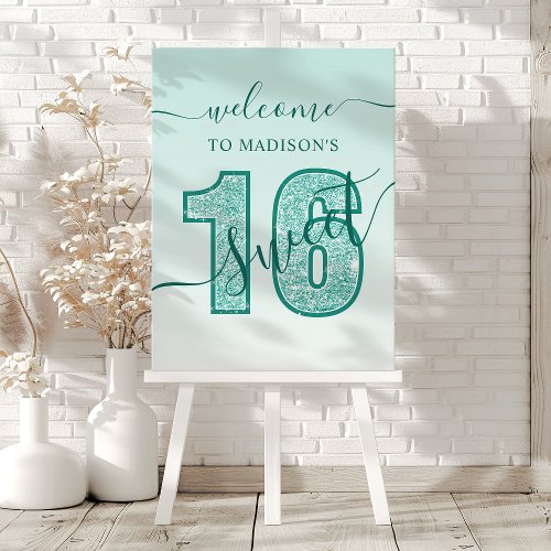 Teal Aqua Glitter Script Sweet 16 Birthday Welcome Foam Board