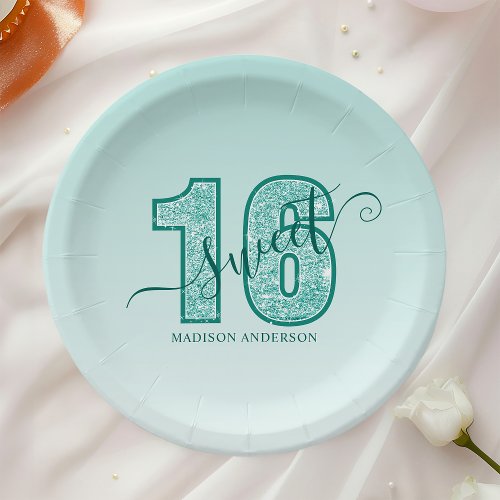 Teal Aqua Glitter Script Sweet 16 Paper Plates