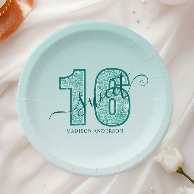Teal Aqua Glitter Script Sweet 16 Paper Plates (Creator Uploaded)