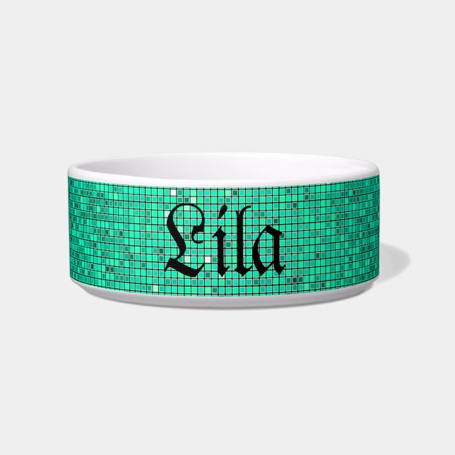 Teal Aqua Glitter Sequin Disco Glitz Pet Food Bowl (Front)