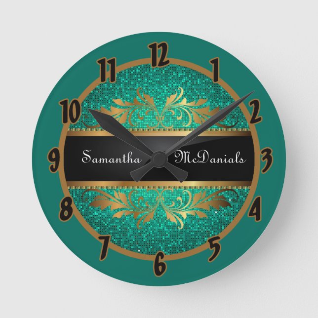Teal Aqua Glitter Sequin Disco Personalized Clock (Front)