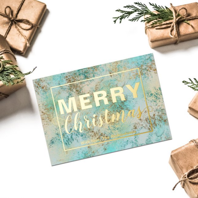 Teal Aqua Gold Faux Foil Abstract Merry Christmas Holiday Card (Creator Uploaded)