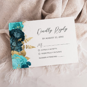 Teal Aqua Gold Floral Modern Script Wedding RSVP Card