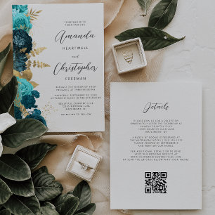 Teal Aqua Gold Floral QR Code Wedding Invitation