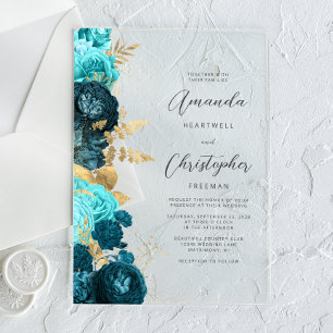 Teal Aqua Gold Floral Script Wedding Acrylic Invitations