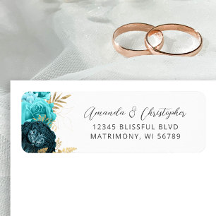 Teal Aqua Gold Floral Wedding Return Address Label