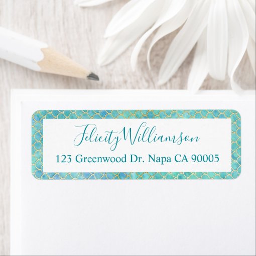Teal, Aqua &amp; Gold Watercolor Mermaid Scale Pattern Label | Zazzle