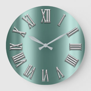 Teal Aqua Gray Metal Grey Silver Roman Number Large Clock