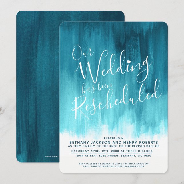 Teal aqua green art rescheduled wedding invitation (Front/Back)