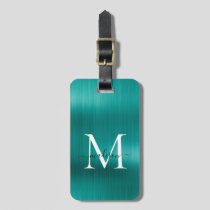 Teal Aqua Green Brushed Metal Foil Script Monogram Luggage Tag