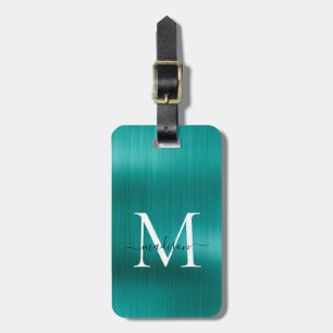 Teal Aqua Green Brushed Metal Script Monogram Glam Luggage Tag