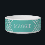 Teal Aqua Green Glitter Art Deco Pattern Girly Bowl<br><div class="desc">Chic turquiose aqua teal blue-green printed faux glitter pattern with an art deco-inspired modern geometric overlapping pattern with your cat or dog name printed directly on a white ceramic bowl.</div>