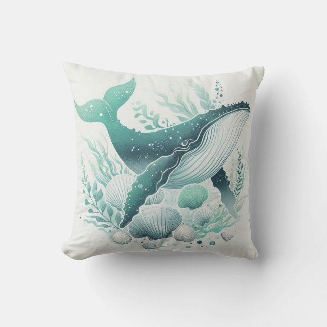 Teal Aqua Green Humpback Whale Sealife Nautical Throw Pillow (Front)