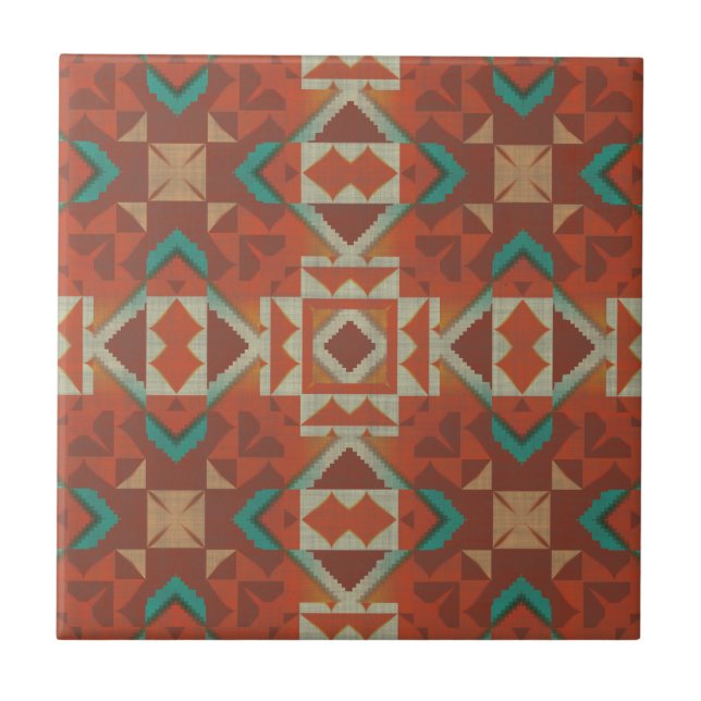 Teal Aqua Green Terracotta Orange Ethnic Tribe Art Ceramic Tile (Front)