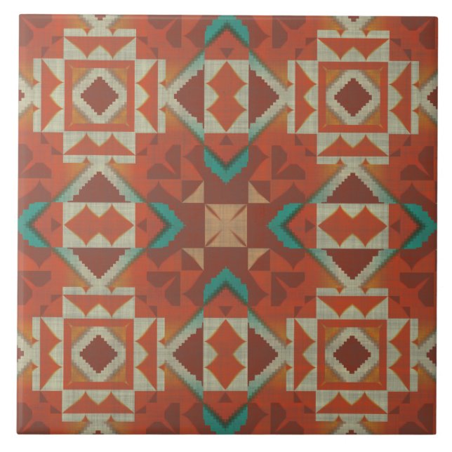 Teal Aqua Green Terracotta Orange Ethnic Tribe Art Ceramic Tile (Front)