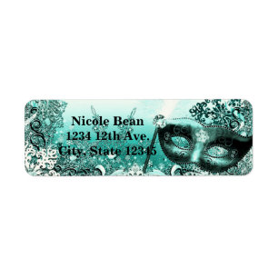 Teal Aqua Green Winter Masquerade & Snowflakes Label