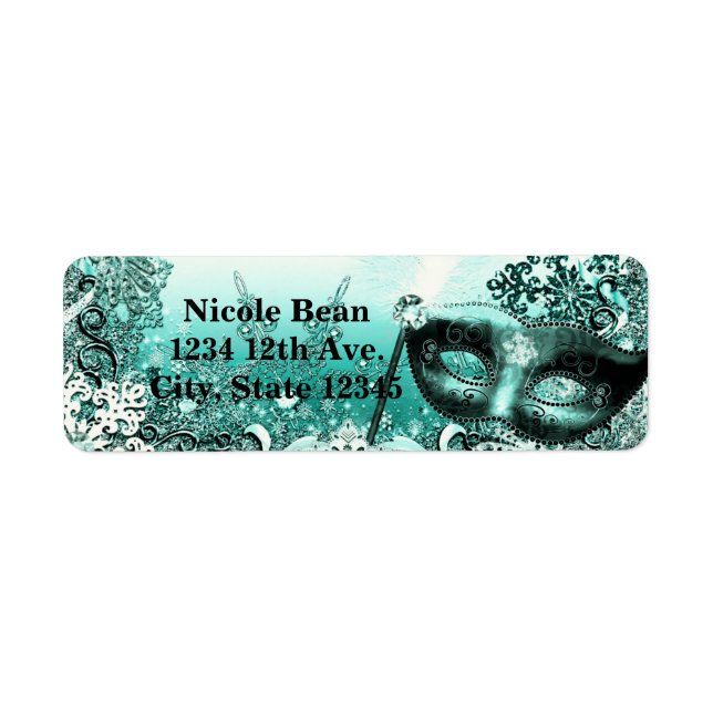 Teal Aqua Green Winter Masquerade & Snowflakes Label (Front)