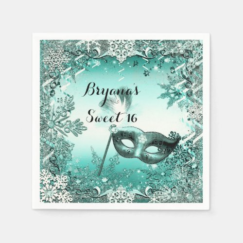 Teal Aqua Green Winter Masquerade  Snowflakes Paper Napkins