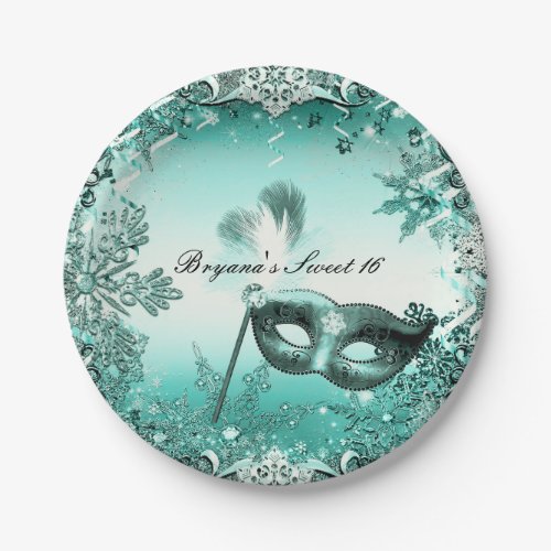 Teal Aqua Green Winter Masquerade  Snowflakes Paper Plates