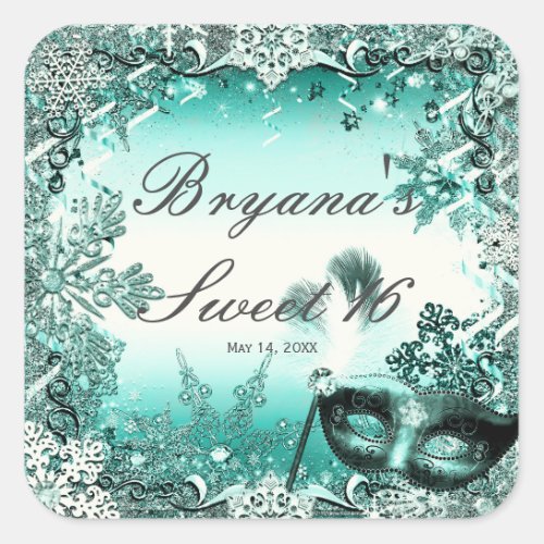 Teal Aqua Green Winter Masquerade  Snowflakes Square Sticker