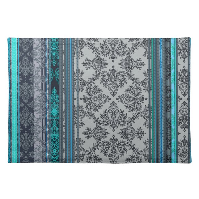 Teal, Aqua & Grey Vintage Bohemian Wallpaper Cloth Placemat (Front)