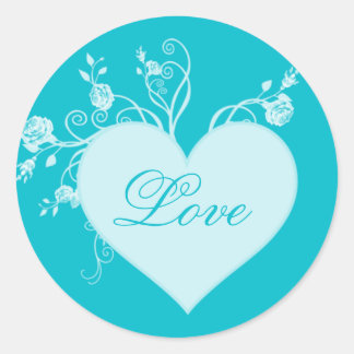 Teal Aqua Heart and Roses Love Stickers