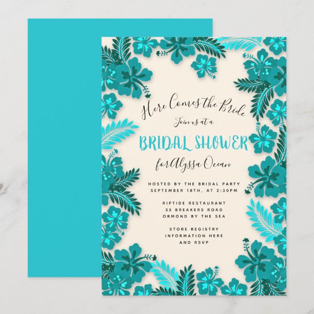 Teal Aqua Hibiscus Tropical Bridal Shower Invite (Front/Back)