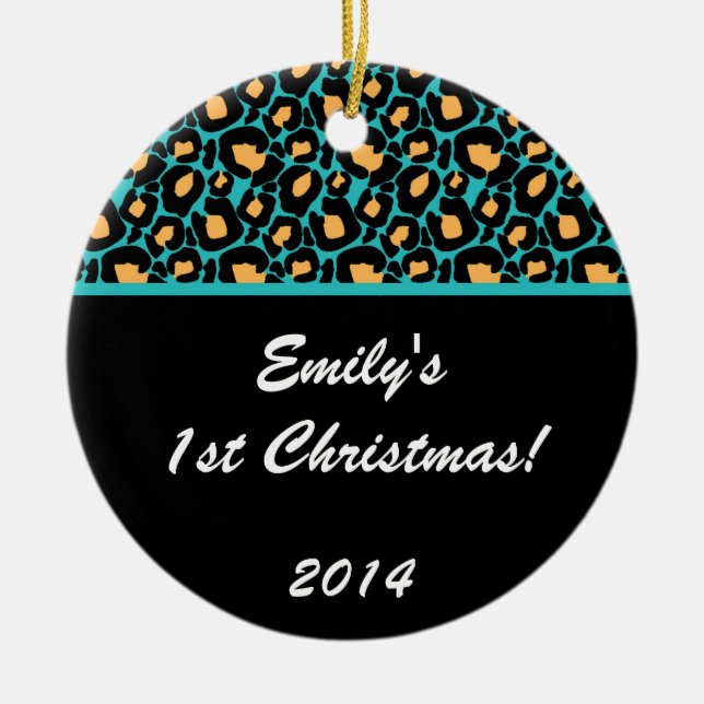 Teal Aqua Leopard Spot Personalized Name Ornament (Front)