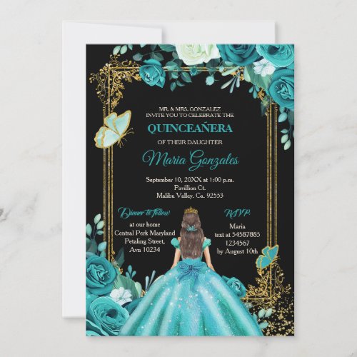 Teal Aqua Mexican Quinceanera Butterfly Invitation