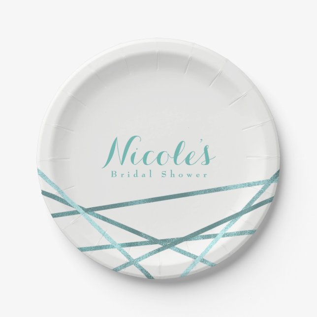 Teal Aqua Modern Geometric Lines Elegant Custom Paper Plates (Front)