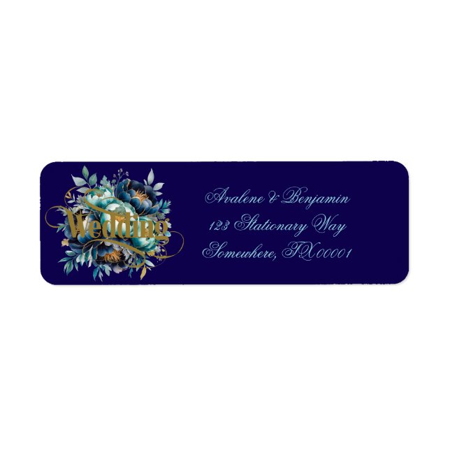 Teal Aqua Navy Blue Peony Floral Wedding Address Label (Front)