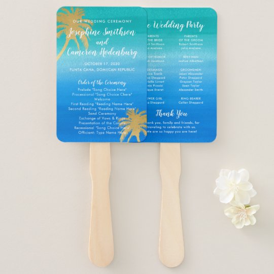 Teal Aqua Ombre Palm Beach Wedding Program Hand Fan Zazzle Com