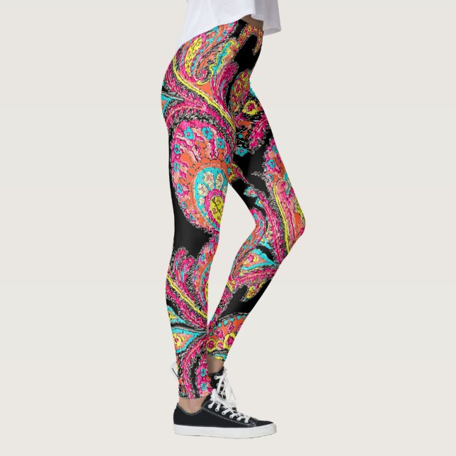 Teal Aqua Pink Yellow Abstract Paisley Pattern Leggings (Right)