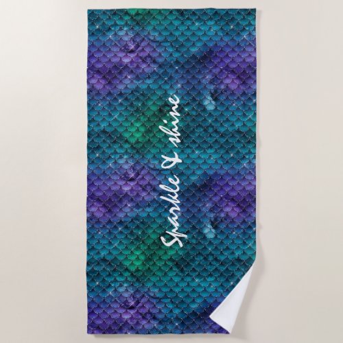 Teal Aqua Purple Mermaid Sparkle Beach Towel