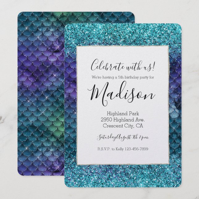 Teal Aqua Purple Mermaid Sparkle Glitter Invitation (Front/Back)