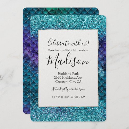 Teal Aqua Purple Mermaid Sparkle Glitter Invitation