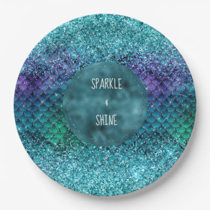 Teal Aqua Purple Mermaid Sparkle Glitter Paper Plates