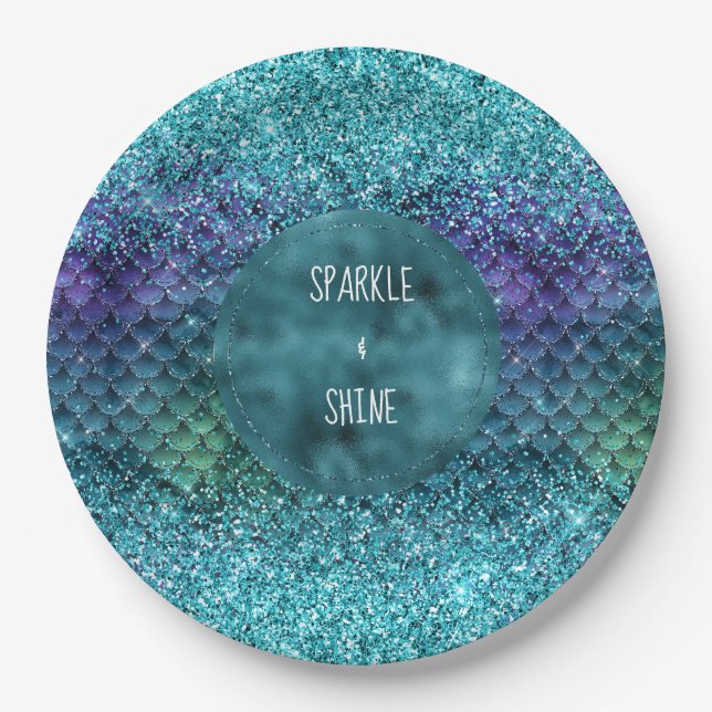 Teal Aqua Purple Mermaid Sparkle Glitter Paper Plates (Front)