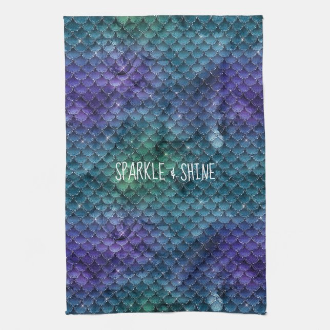 Teal Aqua Purple Mermaid Sparkle Kitchen Towel (Vertical)
